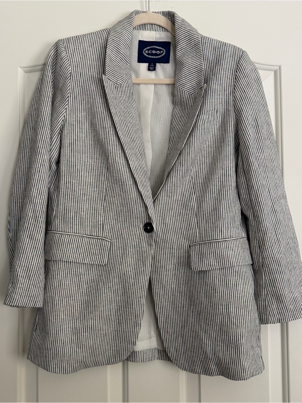 Scoop Linen Blend Striped Seersucker Blazer Navy White Size S